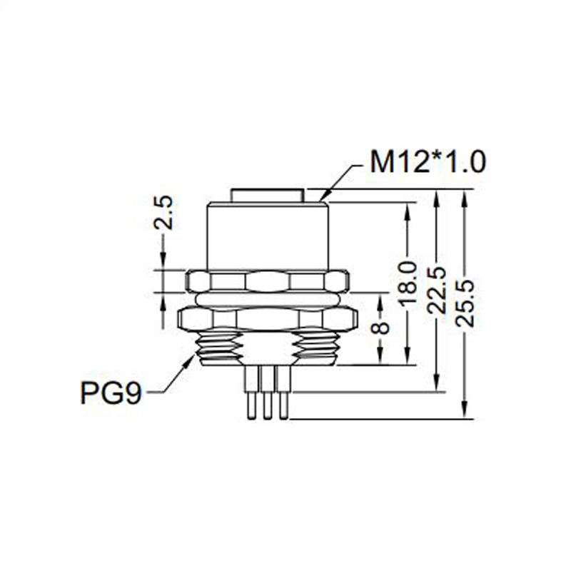 M12 5pins B code female straight rear panel mount connector PG9 thread,unshielded,insert,brass with nickel plated shell