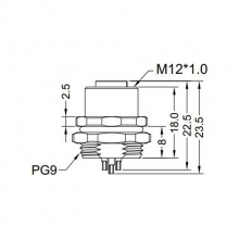 M12 5pins B code female straight rear panel mount connector PG9 thread,unshielded,solder,brass with nickel plated shell