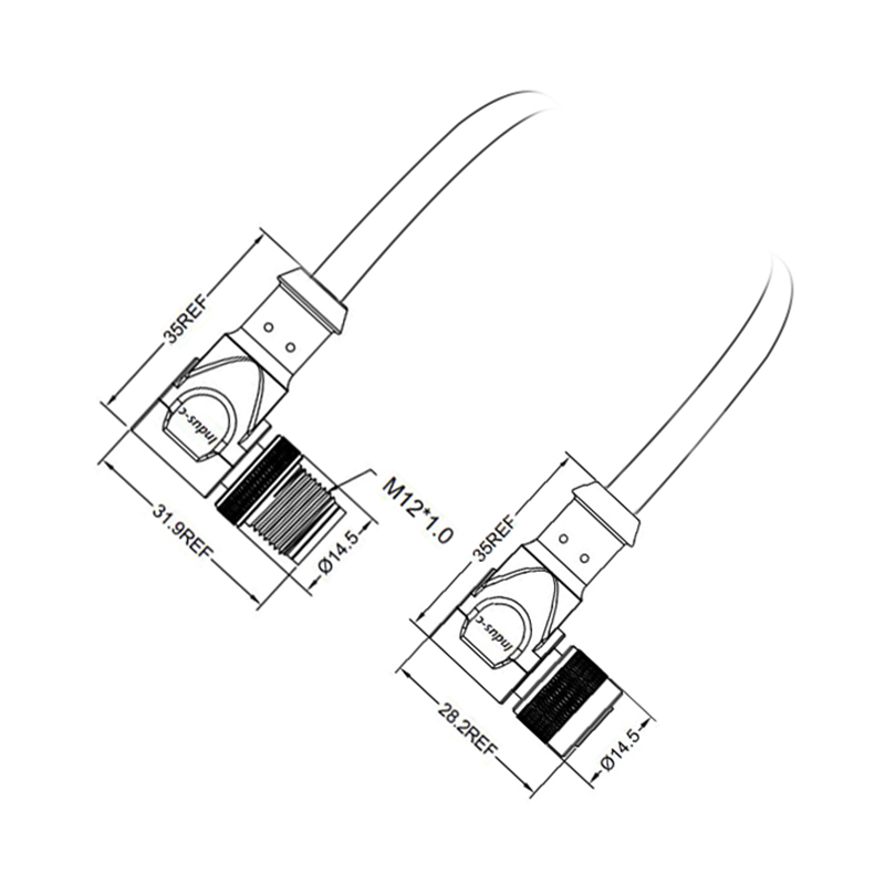 M12 5pins B code male to female right angle molded cable,unshielded,PVC,-40°C~+105°C,24AWG 0.25mm²,brass with nickel plated screw