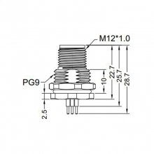 M12 4pins D code male straight front panel mount connector PG9 thread,unshielded,insert,brass with nickel plated shel