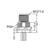 M12 4pins D code male straight front panel mount connector PG9 thread,unshielded,single wires,brass with nickel plated