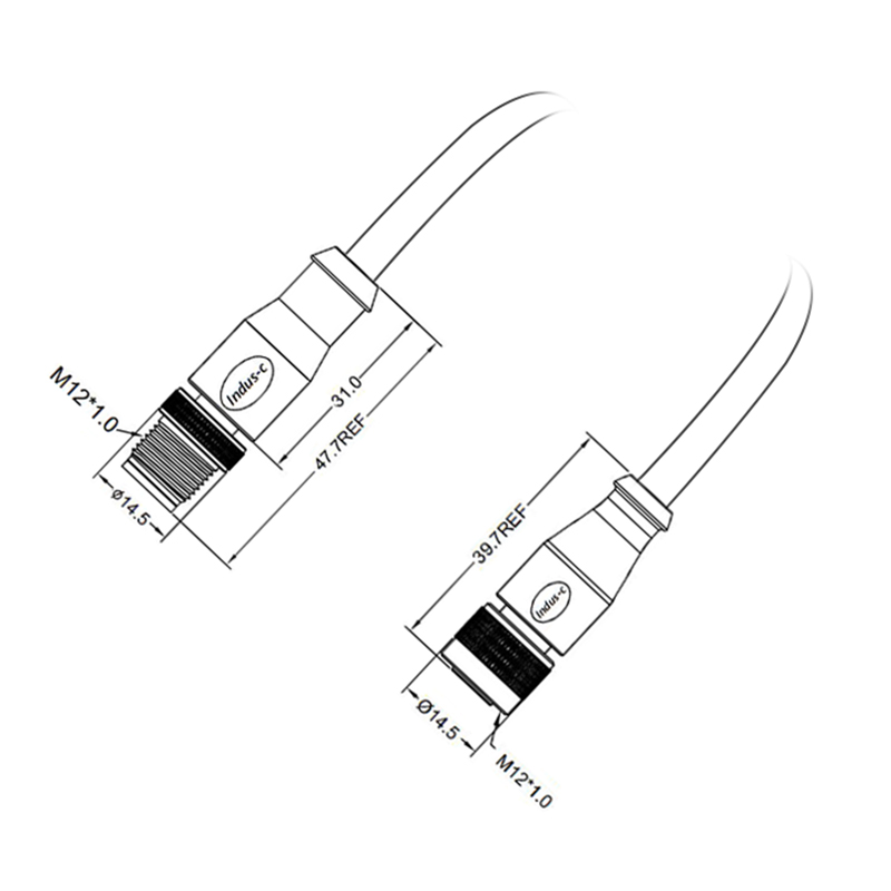 M12 4pins D code male to female straight molded cable,unshielded,PUR,-40°C~+105°C,22AWG 0.34mm²,brass with nickel plated screw