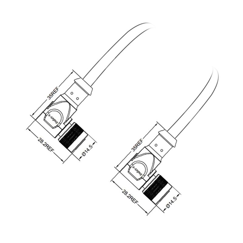 M12 4pins D code female to female right angle molded cable,shielded,PVC,-40°C~+105°C,22AWG 0.34mm²,brass with nickel plated screw