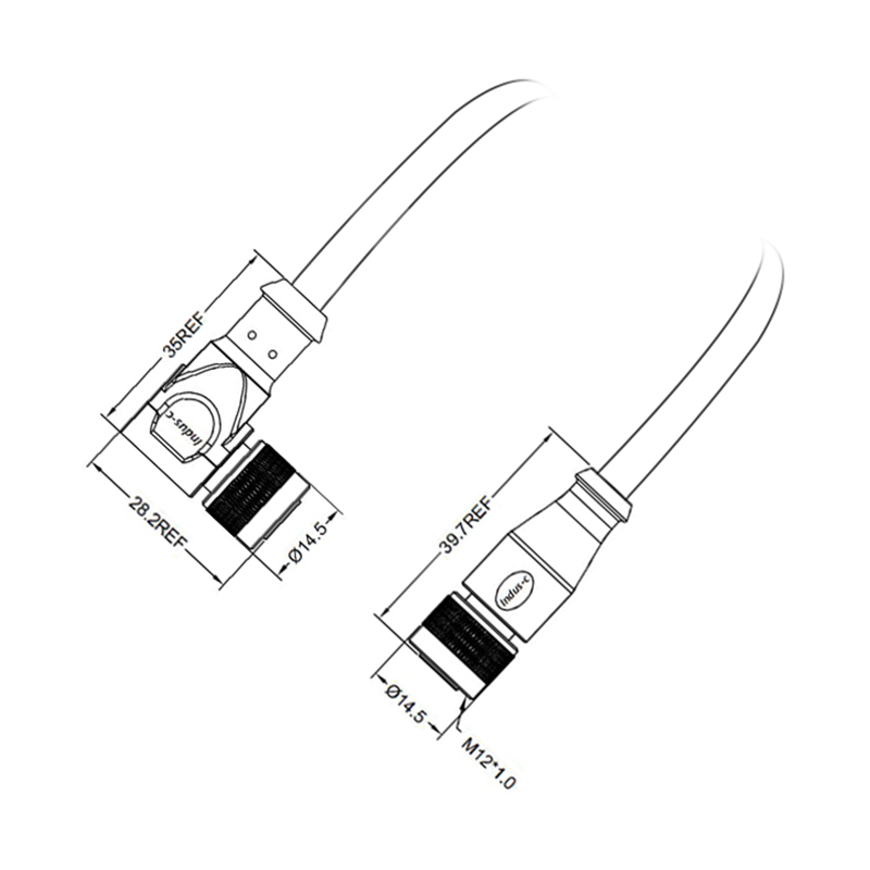 M12 4pins D code female straight to female right angle molded cable,unshielded,PUR,-40°C~+105°C,22AWG 0.34mm²,brass with nickel plated screw