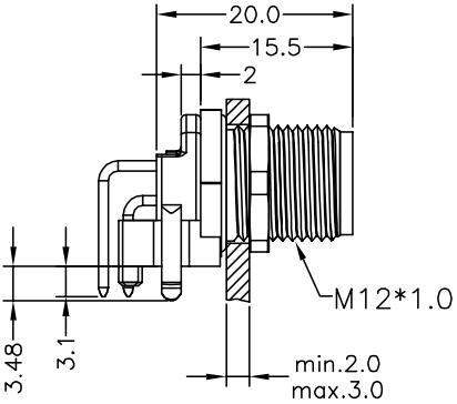 M12 4pins D code male right angle front panel mount connector,unshielded,insert,brass with nickel plated shell