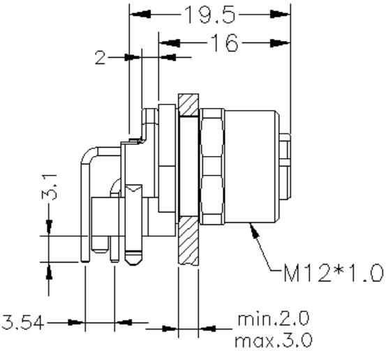 M12 4pins D code female right angle front panel mount connector,unshielded,insert,brass with nickel plated shell