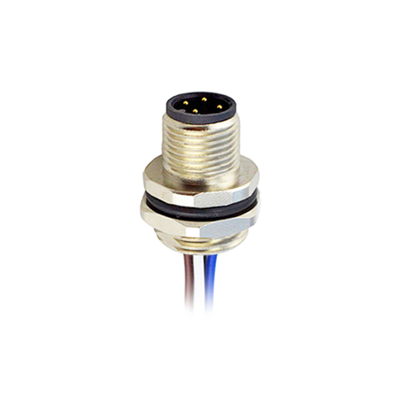 M12 4pins D code male straight rear panel mount connector M16 thread,unshielded,single wires,brass with nickel plated