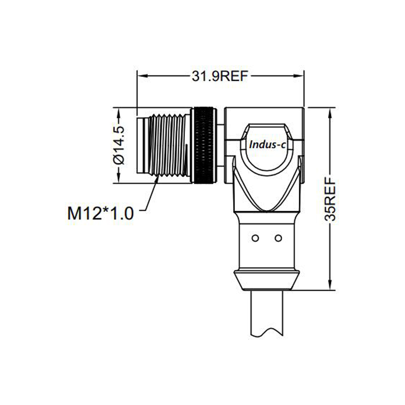 M12 4pins D code male right angle molded cable, shielded,PUR,-40°C~+105°C,22AWG 0.34mm²,brass with nickel plated screw