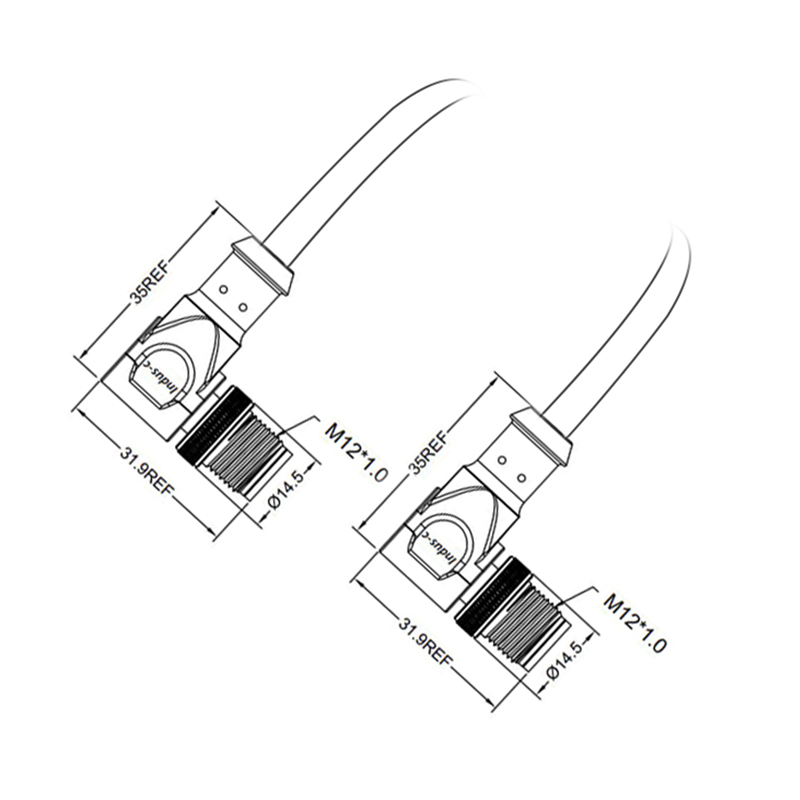 M12 4pins D code male to male right angle molded cable,shielded,PVC,-10°C~+80°C,22AWG 0.34mm²,brass with nickel plated screw