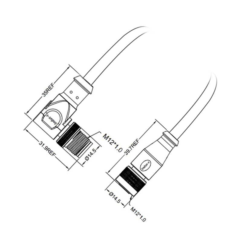 M12 4pins D code male right angle to female straight molded cable,shielded,PVC,-10°C~+80°C,22AWG 0.34mm²,brass with nickel plated screw