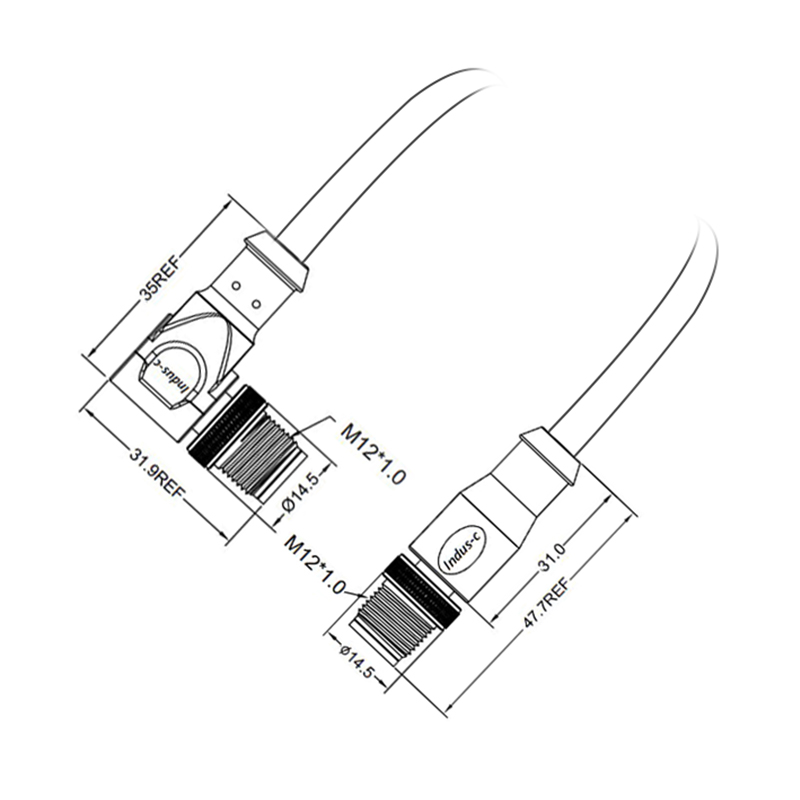 M12 4pins D code male straight to male right angle molded cable,shielded,PVC,-10°C~+80°C,22AWG 0.34mm²,brass with nickel plated screw