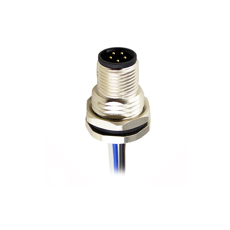 M12 5pins C code male straight front panel mount connector PG9 thread,unshielded,single wires,single wires,brass with nickel plated shell