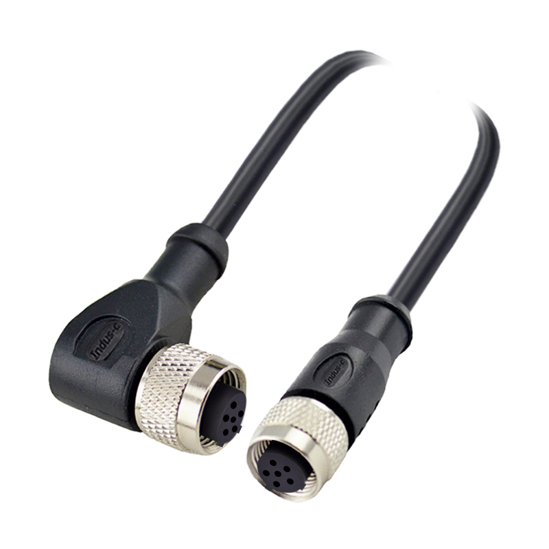 M12 6pins C code female straight to female right angle molded cable,unshielded,PVC,-10°C~+80°C,22AWG 0.34mm²,brass with nickel plated screw