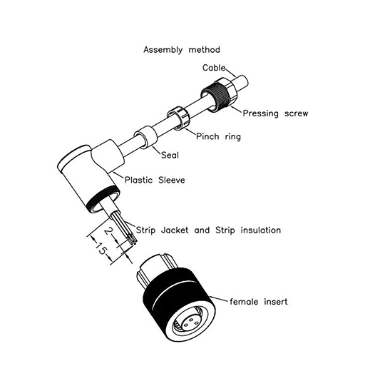 M8 3pins A code female right angle plastic assembly connector,unshielded,suitable cable outer diameter 3.5mm-5.0mm