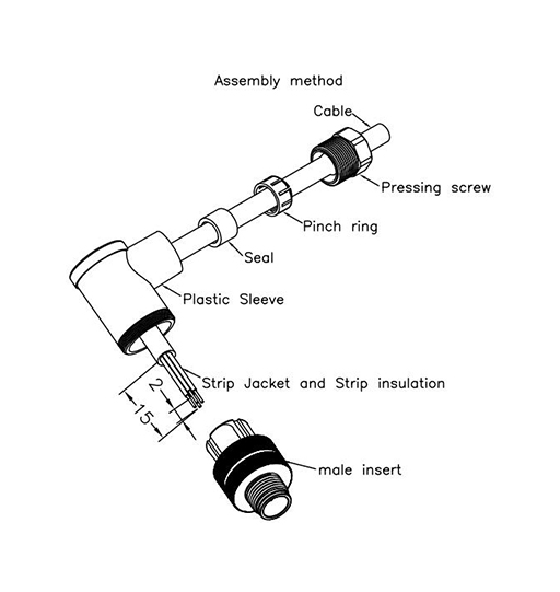 M8 3pins A code male right angle plastic assembly connector,unshielded,suitable cable outer diameter 3.5mm-5.0mm