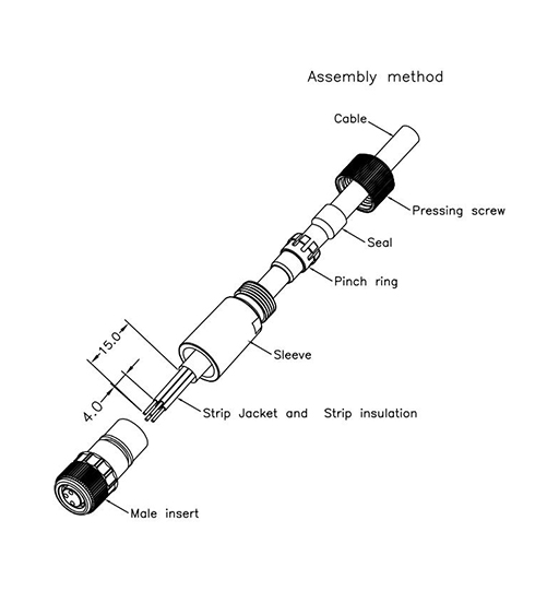 M8 4pins A code female straight plastic assembly connector,unshielded,suitable cable outer diameter 3.5mm-5.0mm