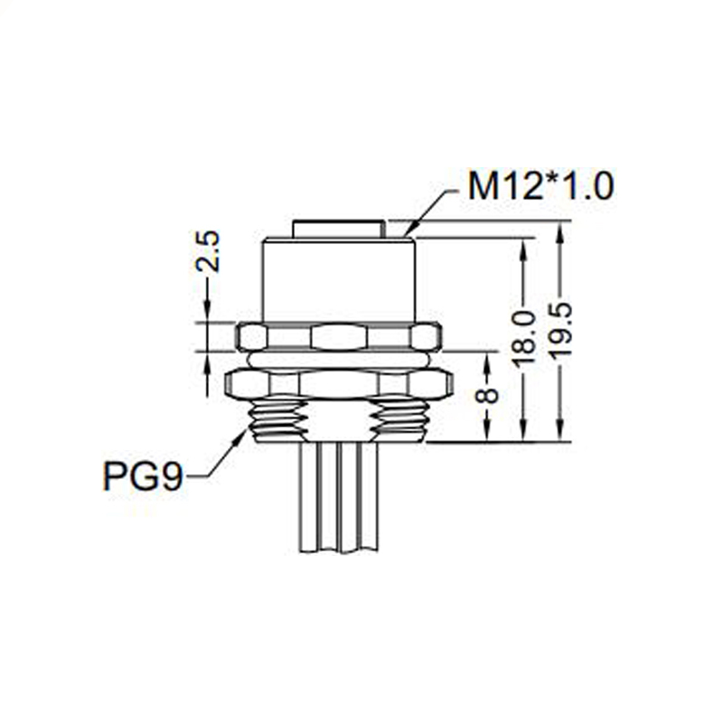 M12 4pins C code female straight front panel mount connector PG9 thread,unshielded,single wires,single wires,brass with nickel plated shell