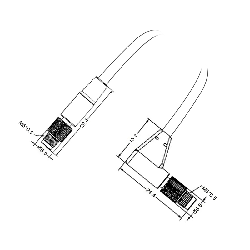 M5 3pins A code male straight to male right angle molded cable,unshielded,PVC,-40°C~+105°C,26AWG 0.14mm²,brass with nickel plated screw