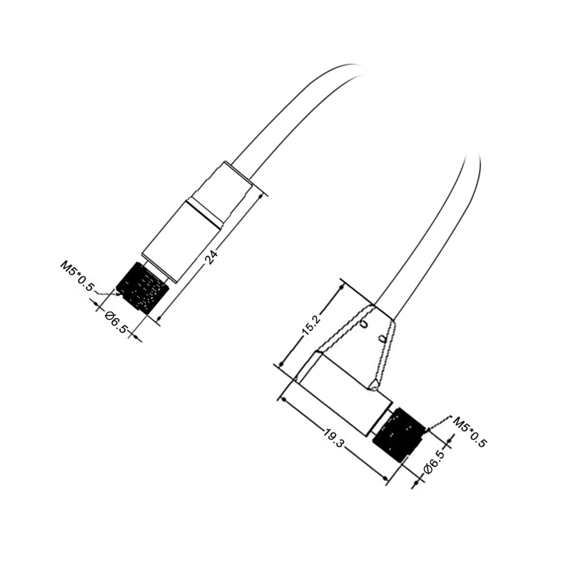 M5 3pins A code female straight to female right angle molded cable,unshielded,PVC,-10°C~+80°C,26AWG 0.14mm²,brass with nickel plated screw