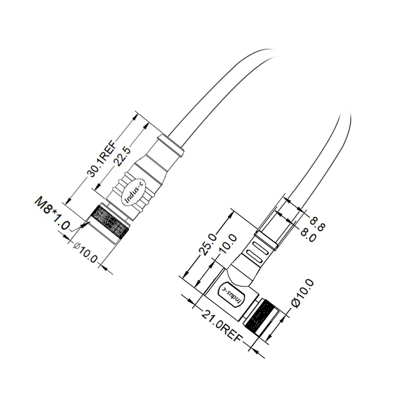 M8 4pins D code female straight to female right angle molded cable,shielded,PUR,-40°C~+105°C,24AWG 0.25mm²,brass with nickel plated screw