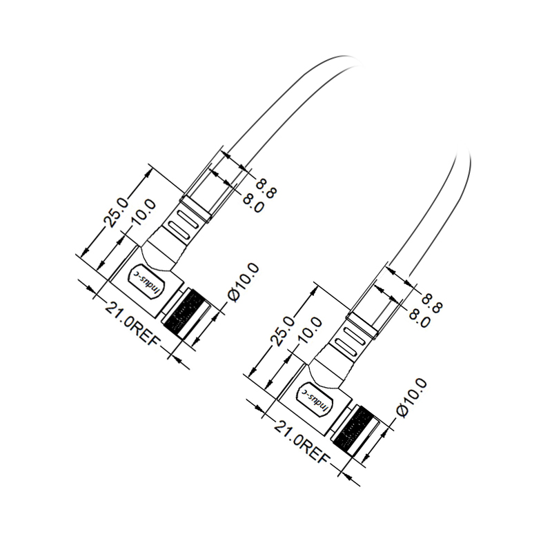 M8 4pins D code female to female right angle molded cable,shielded,PUR,-40°C~+105°C,24AWG 0.25mm²,brass with nickel plated screw