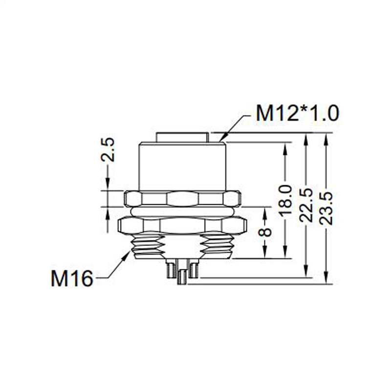 M12 12pins A code female straight rear panel mount connector M16 thread,unshielded,solder,brass with nickel plated shell