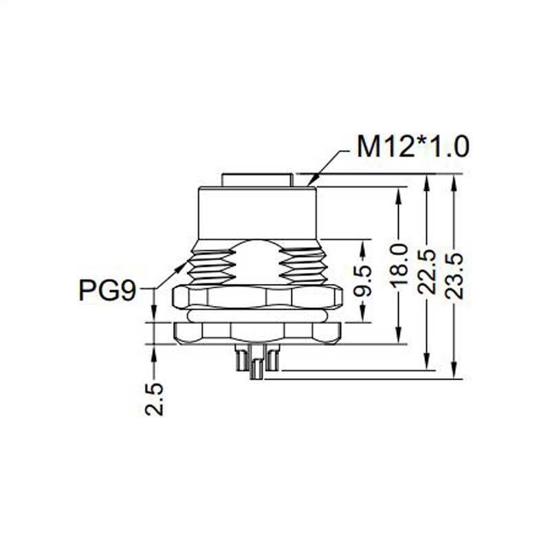 M12 17pins A code female straight front panel mount connector PG9 thread,unshielded,solder,brass with nickel plated shell