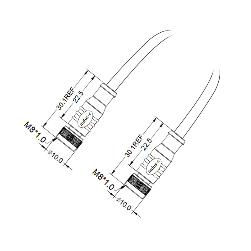 M8 4pins D code female to female straight molded cable,unshielded,PUR,-40°C~+105°C,24AWG 0.25mm²,brass with nickel plated screw