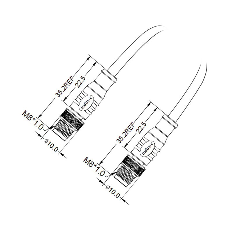 M8 4pins D code male to male straight molded cable,unshielded,PUR,-40°C~+105°C,24AWG 0.25mm²,brass with nickel plated screw