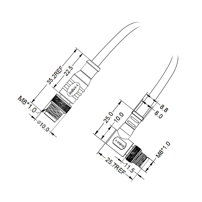 M8 4pins D code male straight to male right angle molded cable,unshielded,PVC,-10°C~+80°C,24AWG 0.25mm²,brass with nickel plated screw