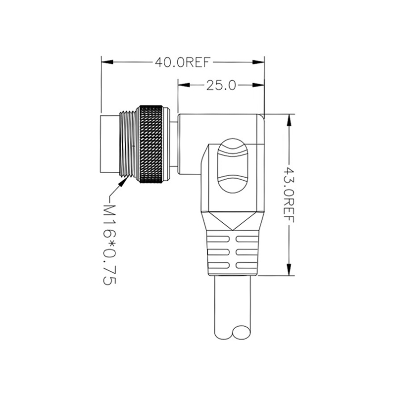 M16 2pins A code male right angle molded cable,unshielded,PVC,-40°C~+105°C,18AWG 0.75mm²,brass with nickel plated screw