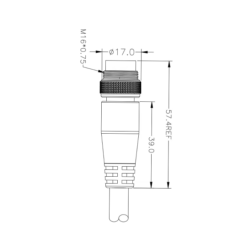 M16 2pins A code male straight molded cable,unshielded,PUR,-40°C~+105°C,18AWG 0.75mm²,brass with nickel plated screw