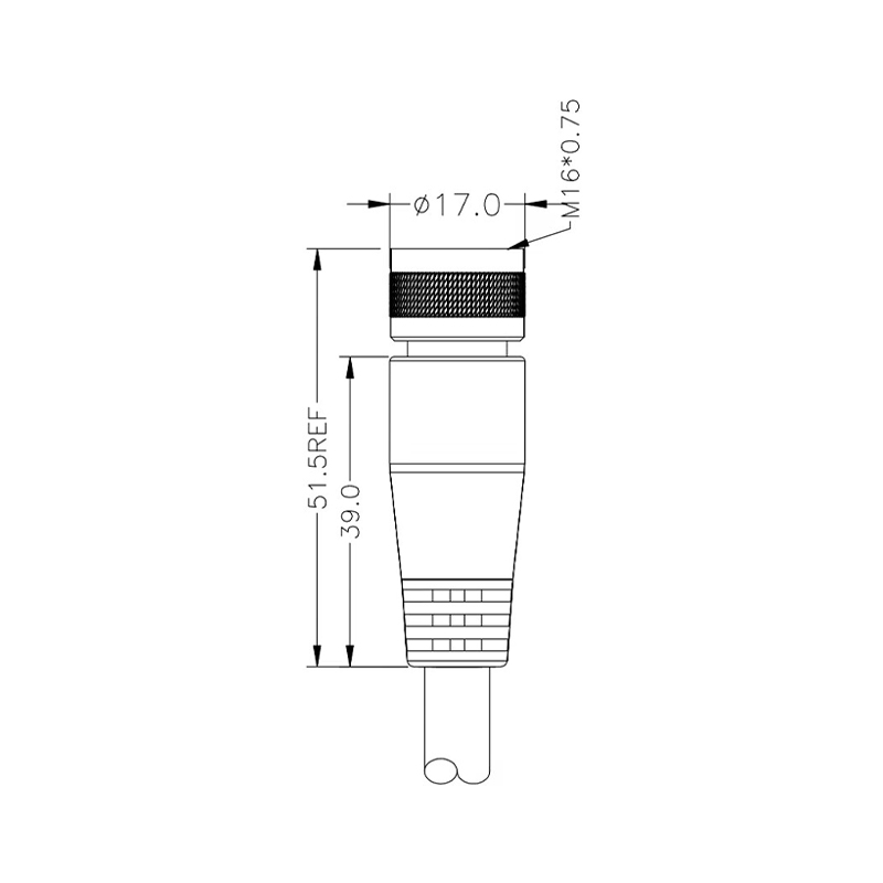 M16 2pins A code female straight molded cable,unshielded,PVC,-40°C~+105°C,18AWG 0.75mm²,brass with nickel plated screw