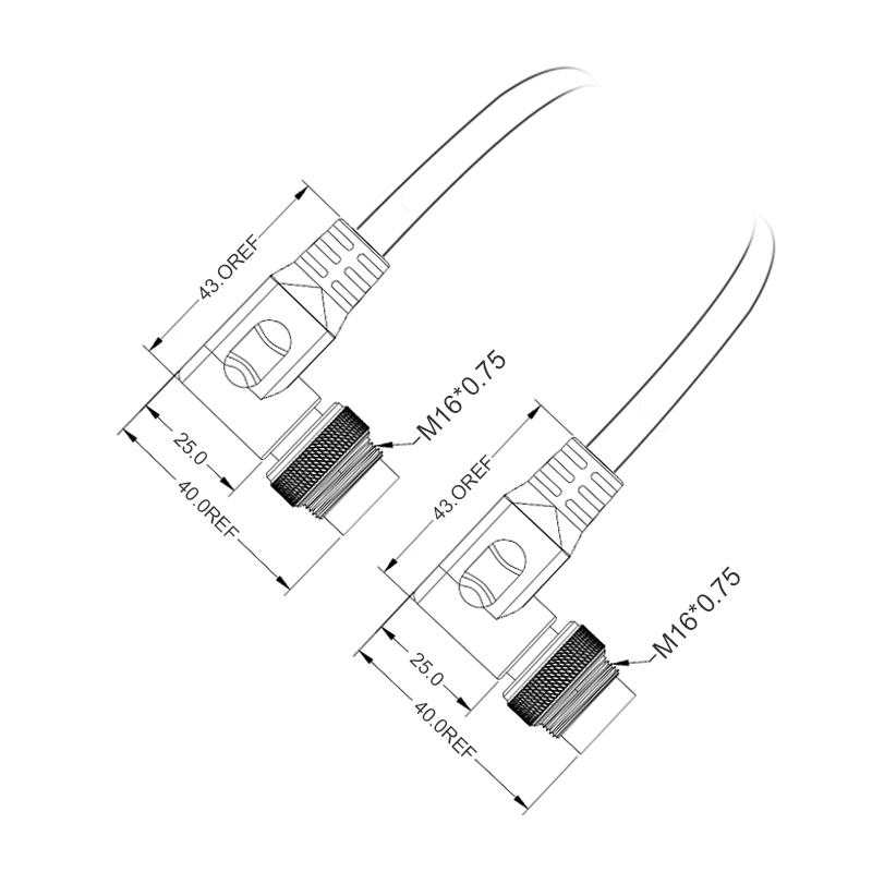 M16 2pins A code male to male right angle molded cable,unshielded,PUR,-40°C~+105°C,18AWG 0.75mm²,brass with nickel plated screw