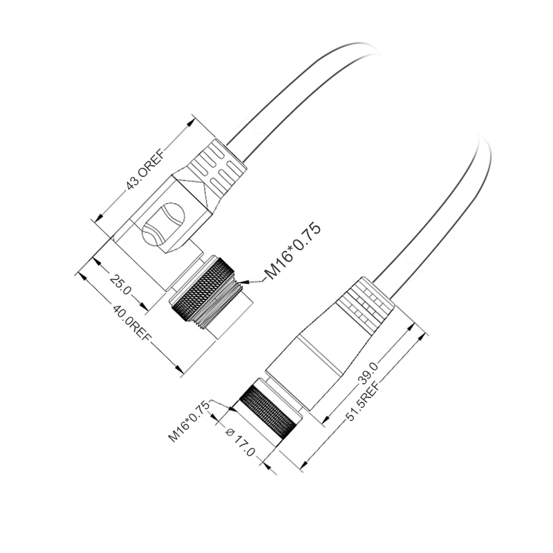 M16 2pins A code male right angle to female straight molded cable,unshielded,PUR,-40°C~+105°C,18AWG 0.75mm²,brass with nickel plated screw