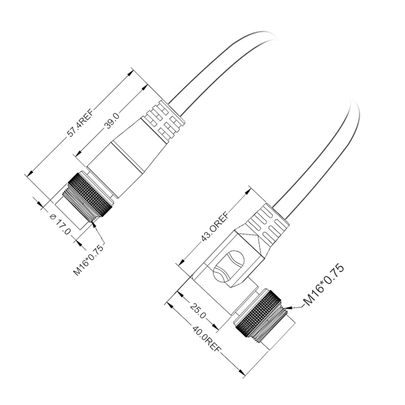 M16 2pins A code male straight to male right angle molded cable,unshielded,PUR,-40°C~+105°C,18AWG 0.75mm²,brass with nickel plated screw