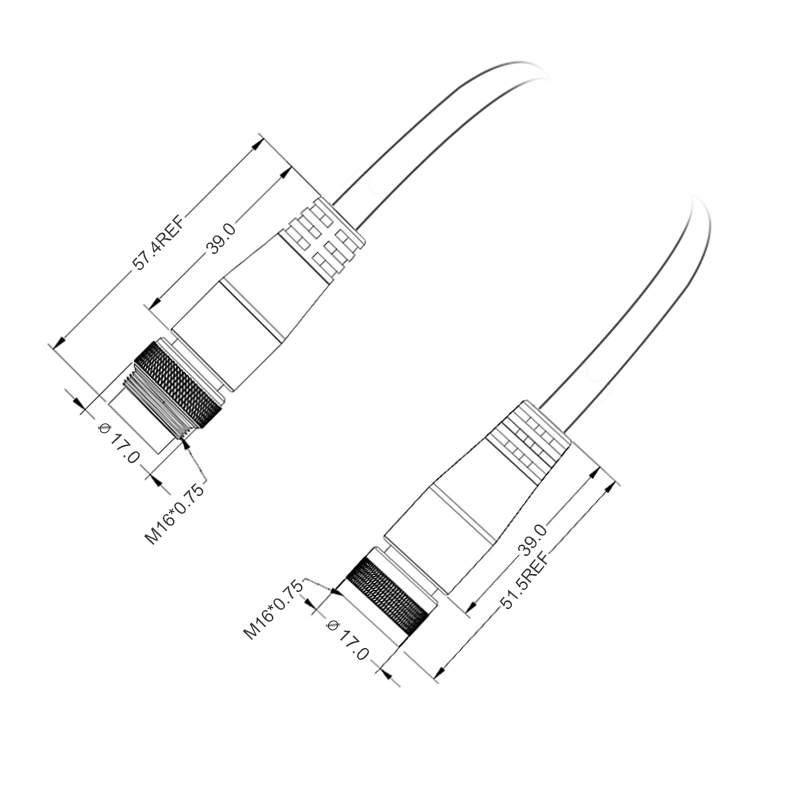 M16 2pins A code male straight to female right angle molded cable,unshielded,PUR,-40°C~+105°C,18AWG 0.75mm²,brass with nickel plated screw