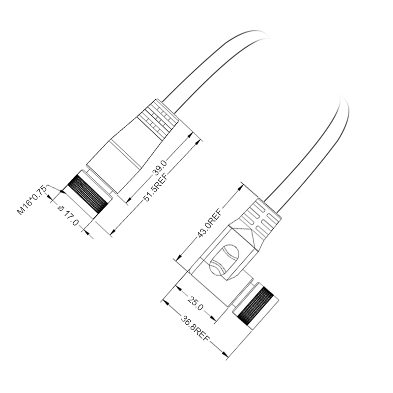 M16 2pins A code female straight to female right angle molded cable,unshielded,PUR,-40°C~+105°C,18AWG 0.75mm²,brass with nickel plated screw