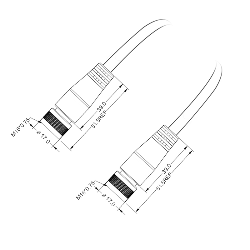 M16 3pins A code female to female straight molded cable,unshielded,PVC,-40°C~+105°C,18AWG 0.75mm²,brass with nickel plated screw