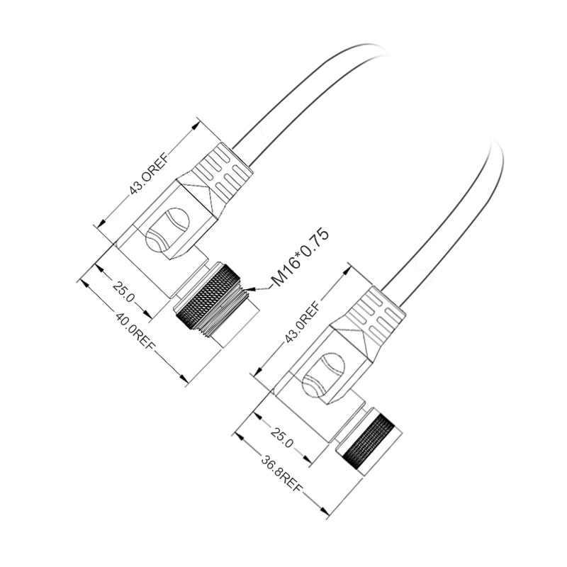 M16 4pins A code male to female right angle molded cable,unshielded,PUR,-40°C~+105°C,18AWG 0.75mm²,brass with nickel plated screw