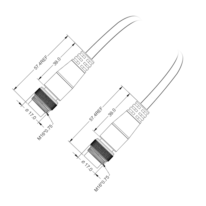 M16 5pins A code male to male straight molded cable,unshielded,PVC,-40°C~+105°C,18AWG 0.75mm²,brass with nickel plated screw