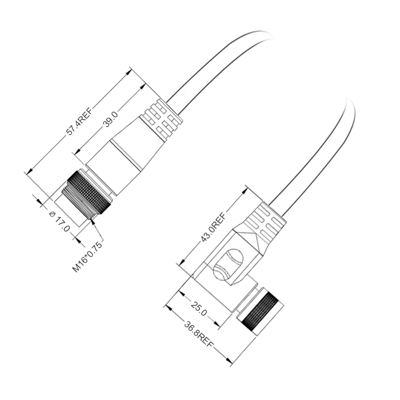 M16 5pins A code male straight to female right angle molded cable,unshielded,PVC,-40°C~+105°C,18AWG 0.75mm²,brass with nickel plated screw