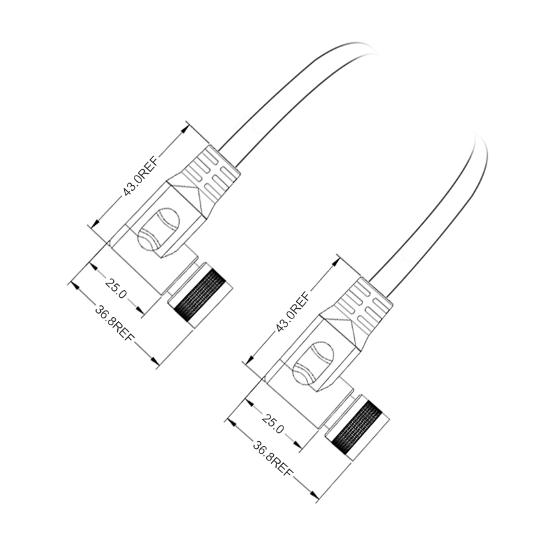 M16 6pins Acode female to female right angle molded cable,unshielded,PVC,-40°C~+105°C,18AWG 0.75mm²,brass with nickel plated screw