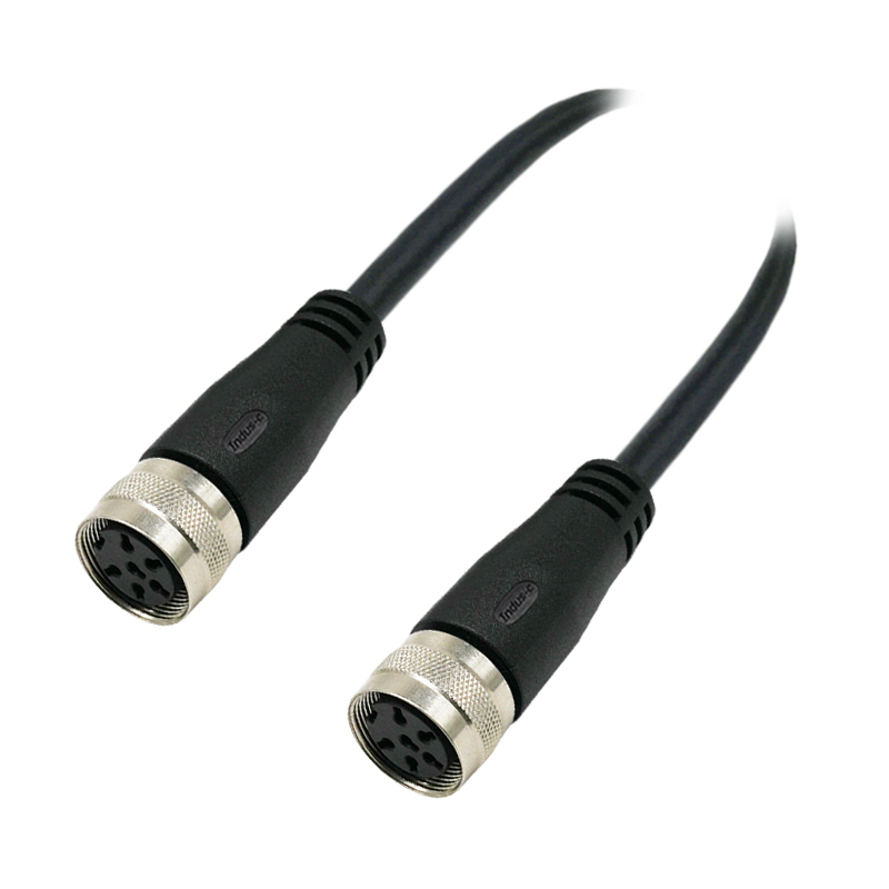 M16 6pins A code female to female straight molded cable,unshielded,PVC,-40°C~+105°C,18AWG 0.75mm²,brass with nickel plated screw