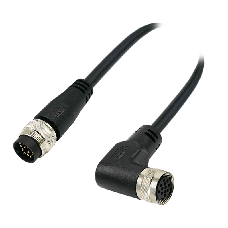 M16 12pins A code male straight to female right angle molded cable,unshielded,PVC,-40°C~+105°C,24AWG 0.25mm²,brass with nickel plated screw