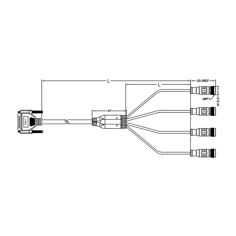 D-sub 25pins male connector to 4xM8 connector breakout cable assembly