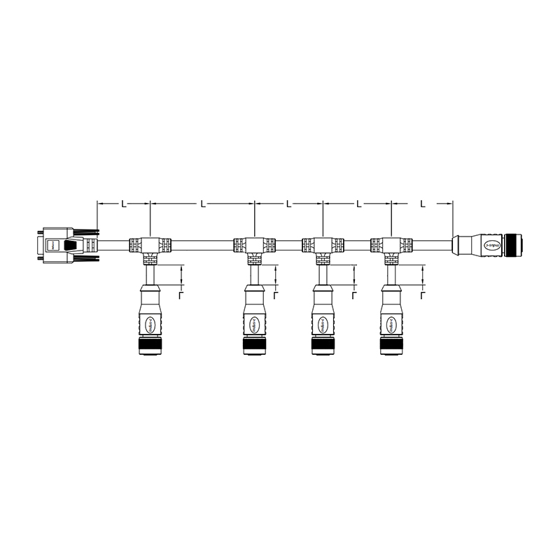 D-SUB 9pin female connector to 5xM12 A code female connector breakout cable assembly