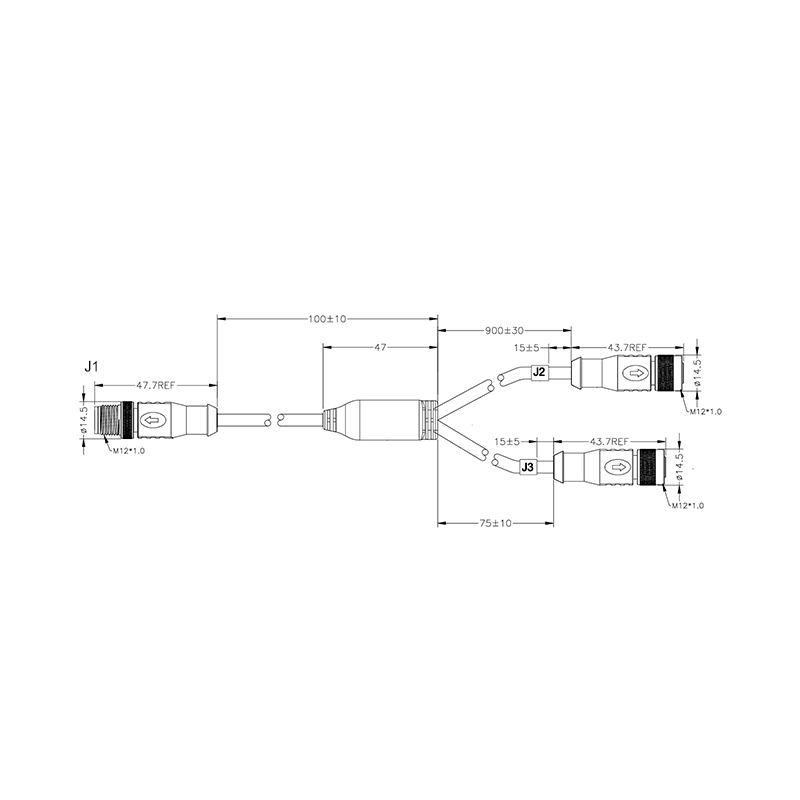 M12 8pins A code male connector to 2+M12 8 pins A code female connector